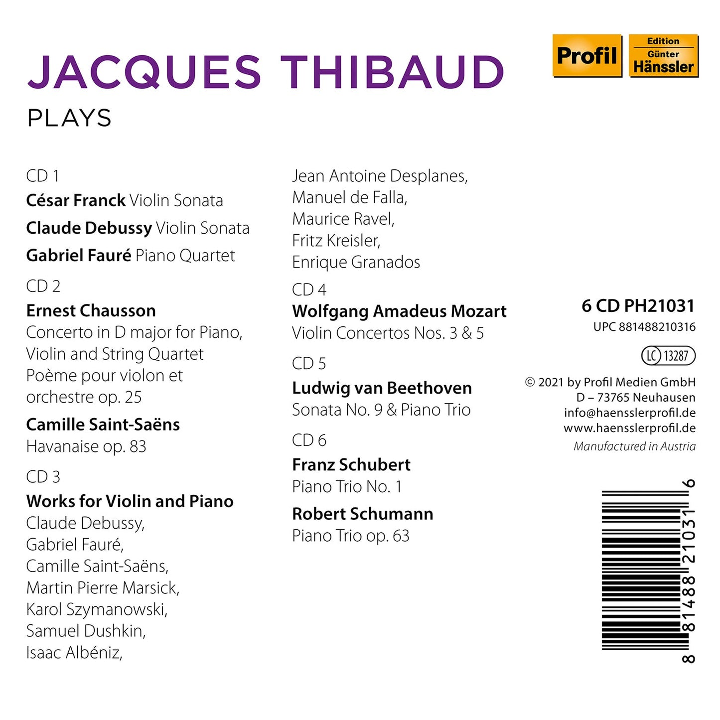 Jacques Thibaud Plays Franck, Debussy, Fauré, Ravel, Saint-S
