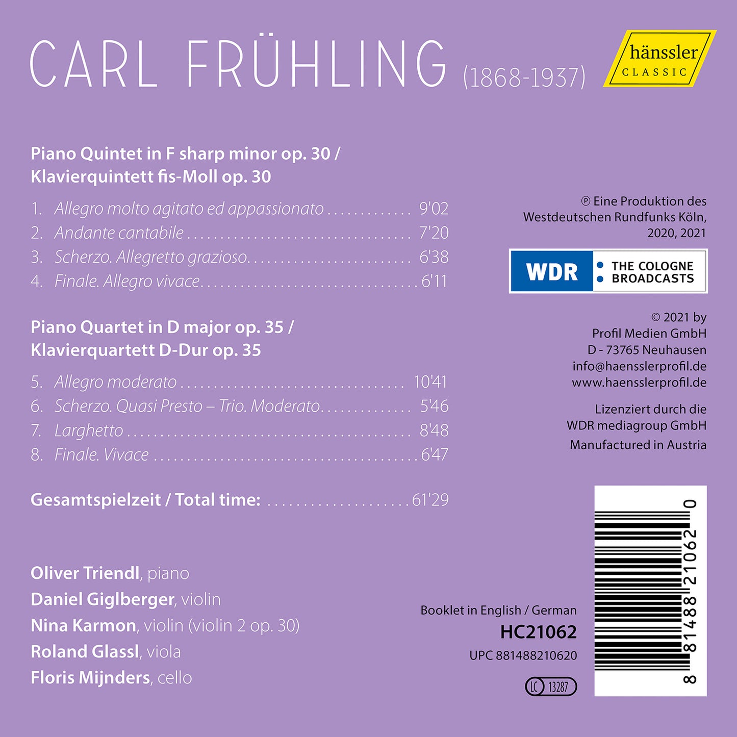 Fruhling: Piano Quintet, Op. 30,  Piano Quartet, Op. 35