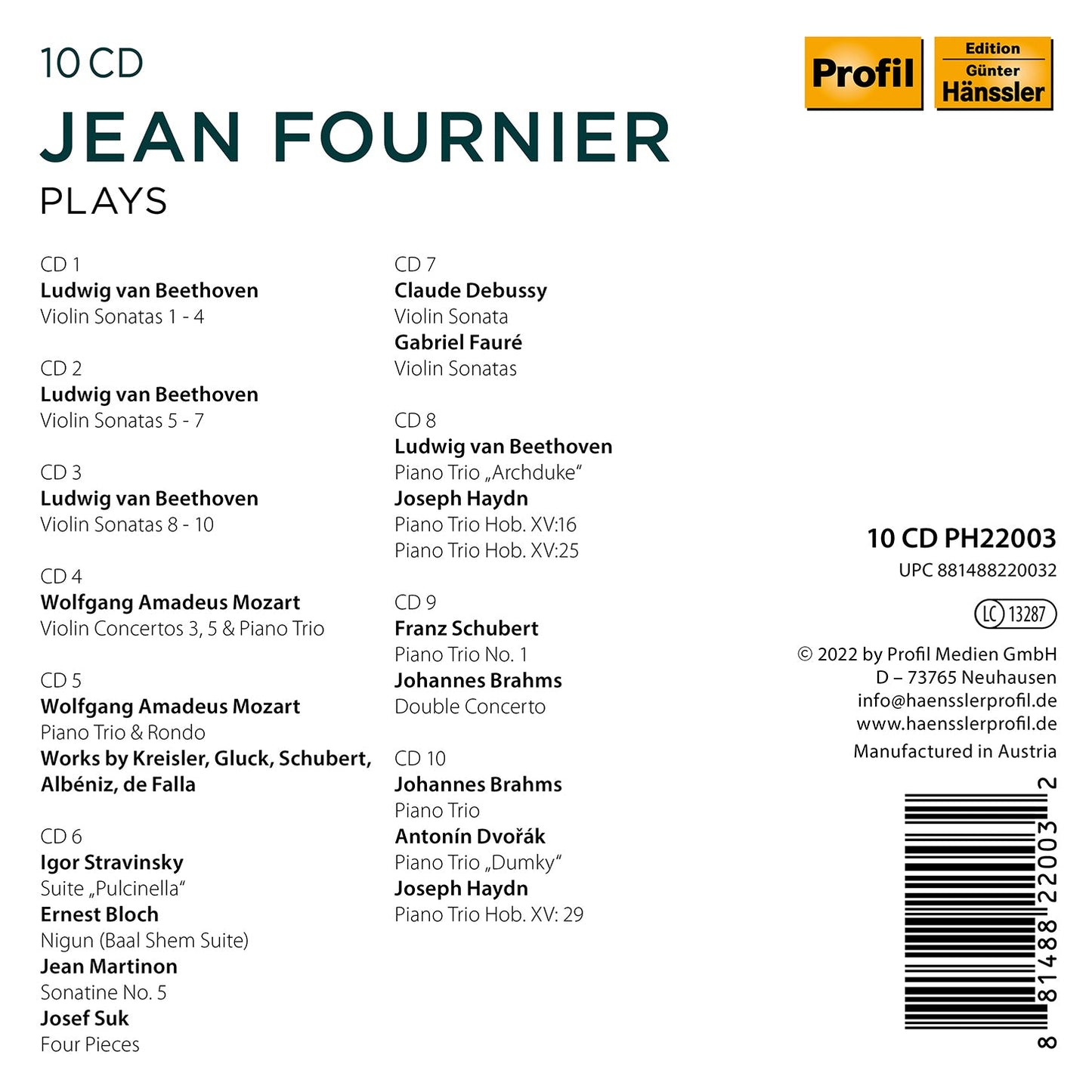 Jean Fournier Plays Beethoven, Mozart, Stravinsky, Bloch, De