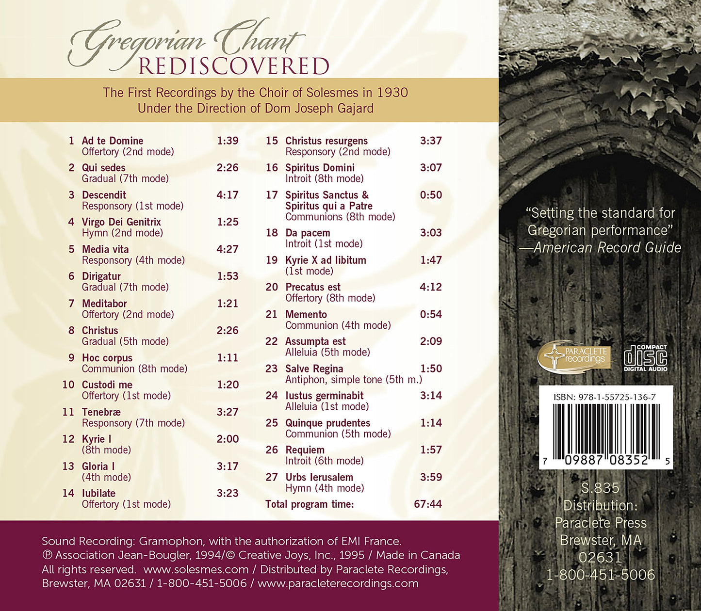GREGORIAN CHANT REDISCOVERED