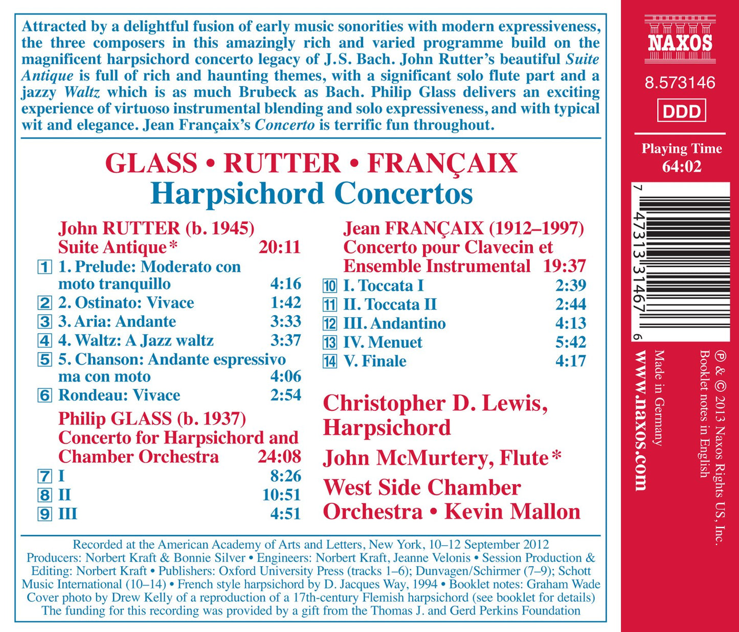 Glass - Rutter - Francaix: Harpsichord Concertos