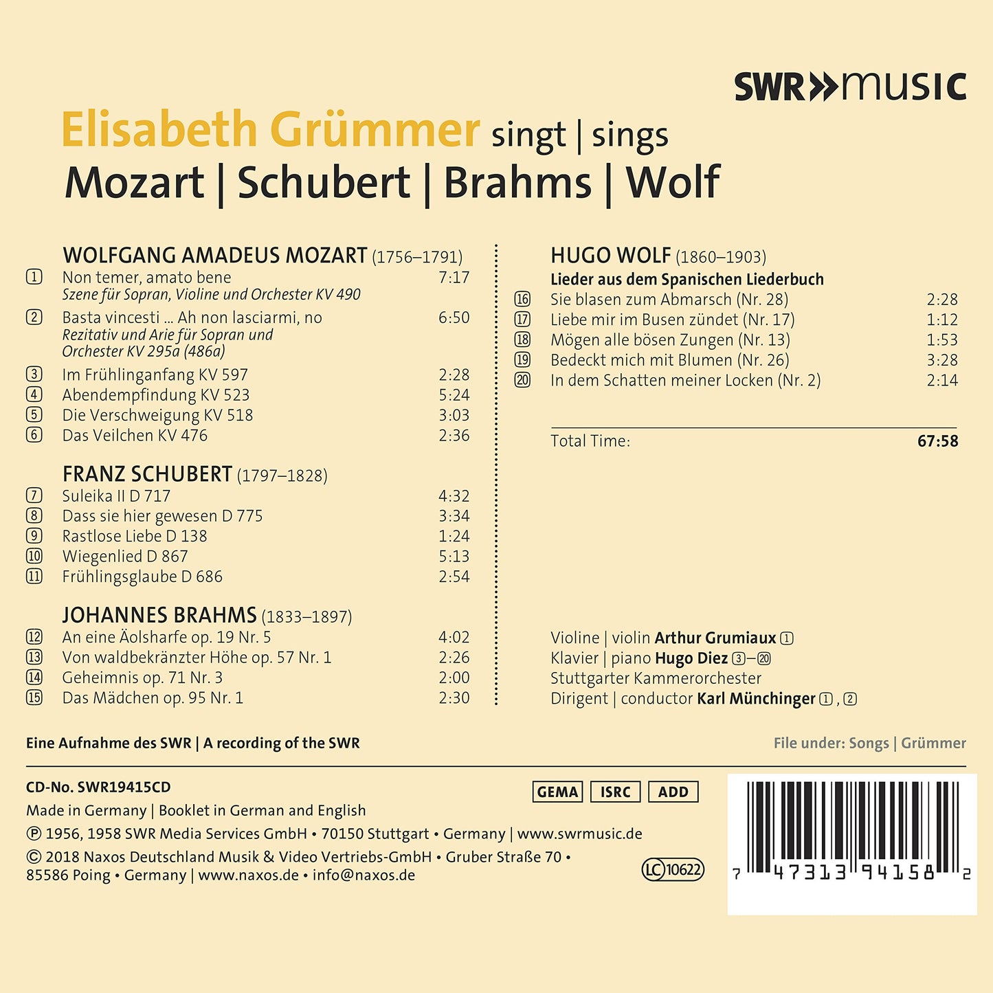 Elisabeth Grümmer Sings Mozart, Schubert, Brahms & Wolf