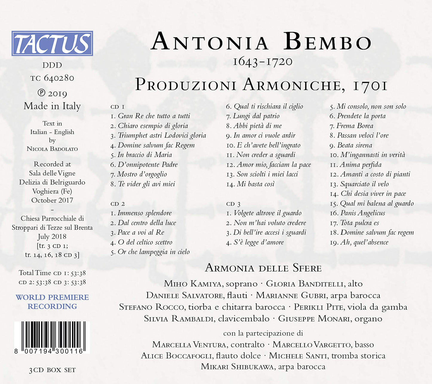 Bembo: Produzioni Armoniche, 1701