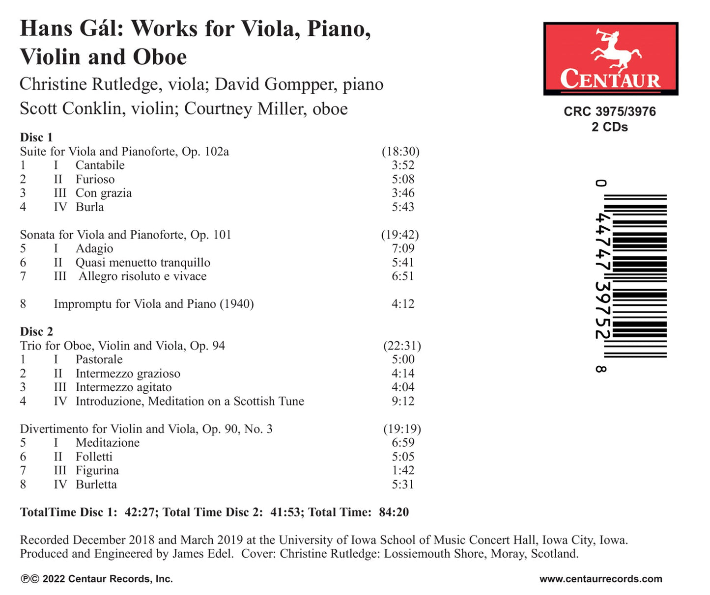 Gal: Works For Viola, Piano, Violin & Oboe