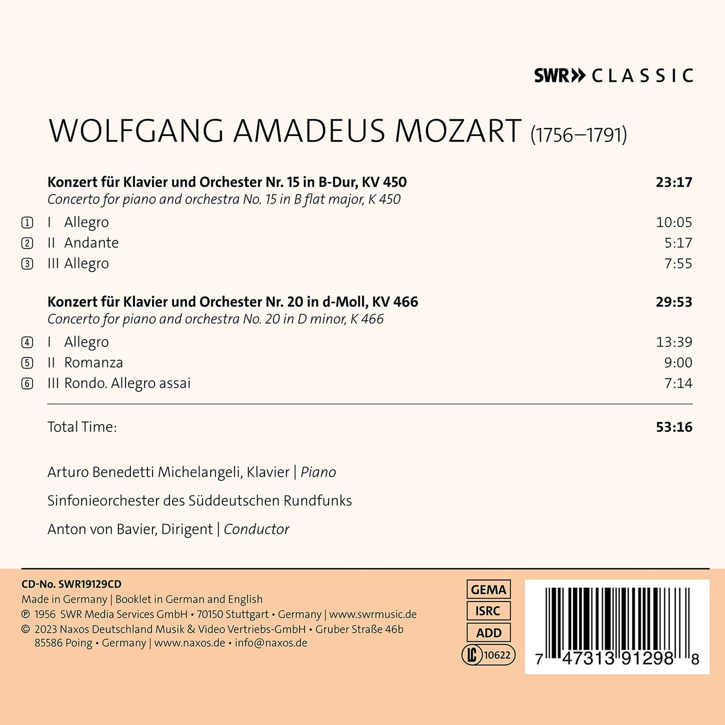 Mozart: Piano Concertos No. 15, K.450 & No. 20, K.466