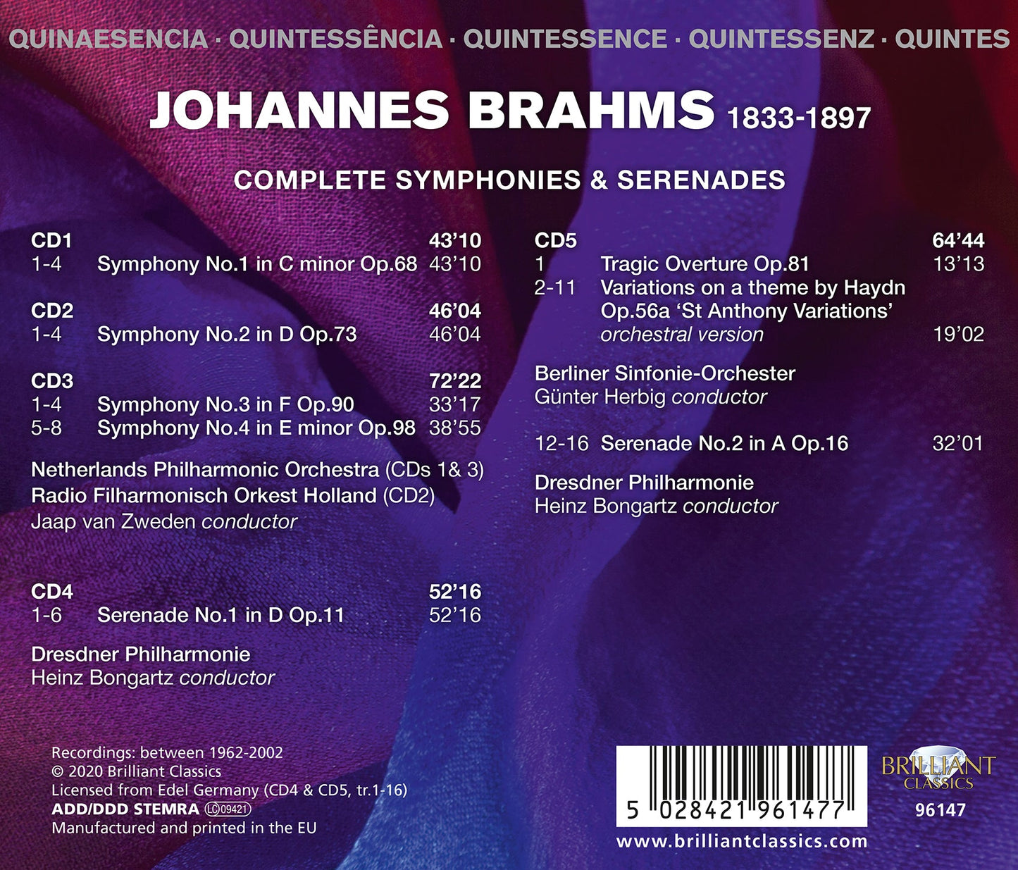 Brahms: Complete Symphonies & Serenades [5 CDs]