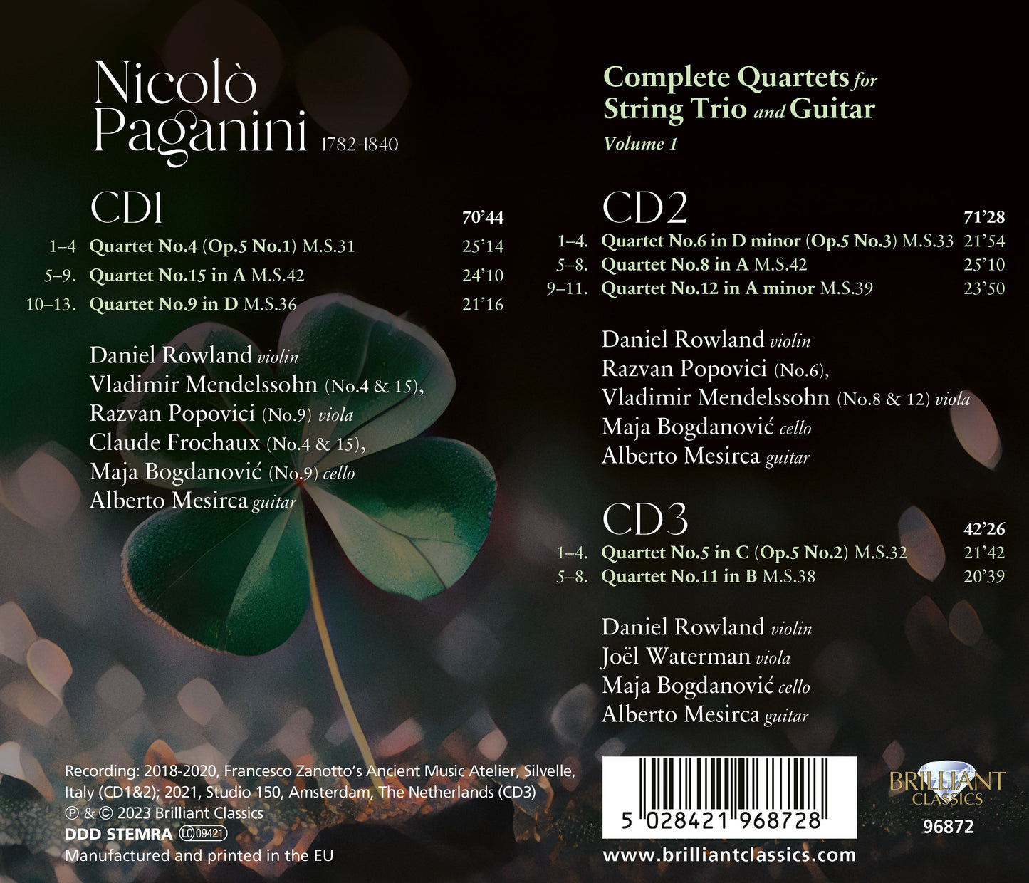 Paganini: Complete Quartets For String Trio & Guitar, Vol. 1
