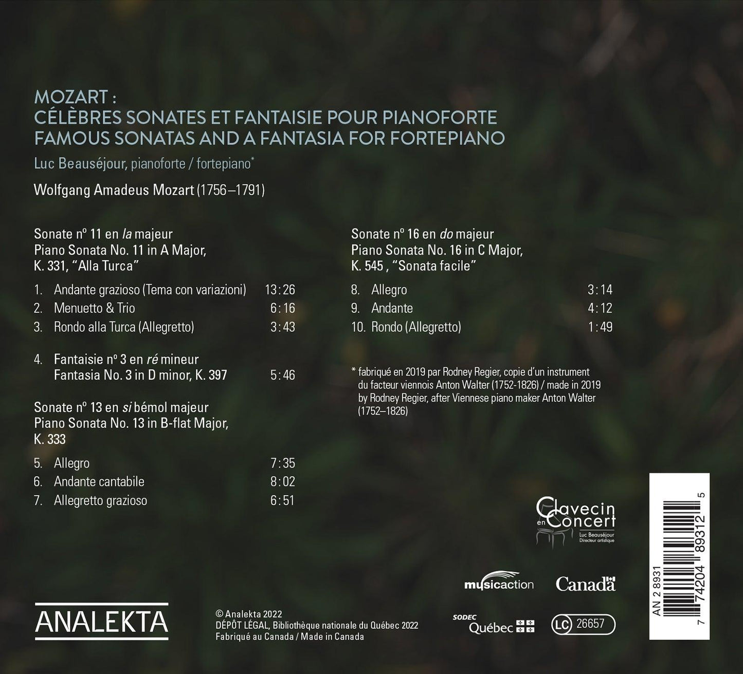 Mozart: Famous Sonatas & A Fantasia for Fortepiano / BeausÃ©jour - ArkivMusic