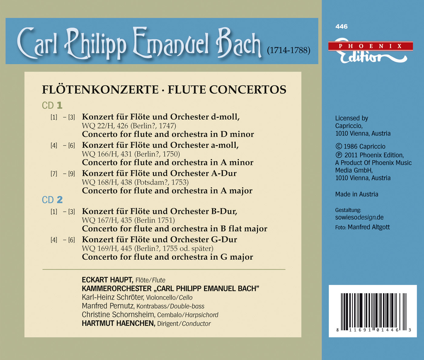 C.P.E. Bach: Flute Concertos  Haupt, Schornsheim, Pernutz, Schroter, Haenchen, Kammerorchester C.P.E. Bach