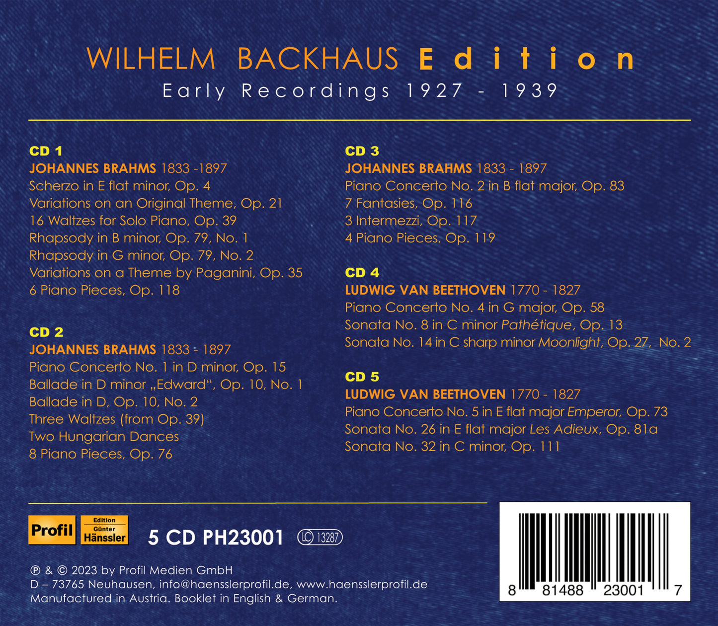 Beethoven & Brahms: Wilhelm Backhaus Edition - Early Recordi
