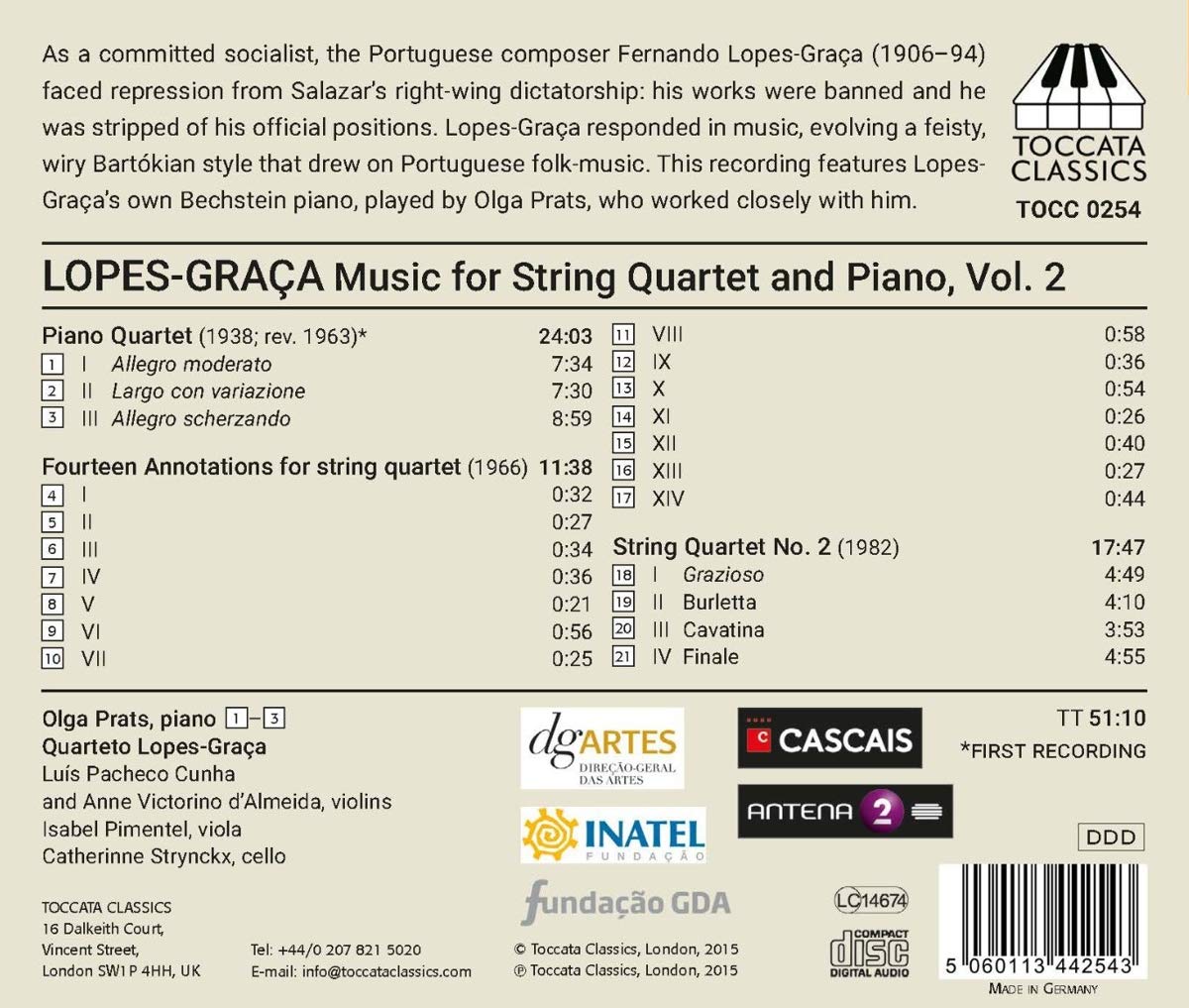 Lopes-Graça: Complete Music for String Quartet & Piano, Vol.