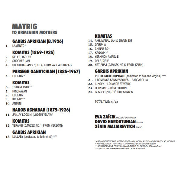 Komitas, Aghabab, Aprikian & Ganatchian: Mayrig - To Armenia