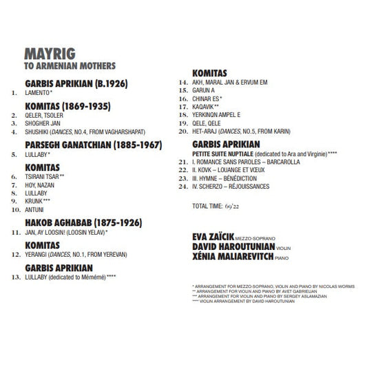 Komitas, Aghabab, Aprikian & Ganatchian: Mayrig - To Armenia